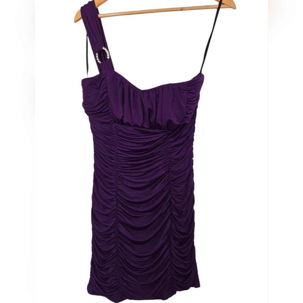 Pompous Girl Purple Ruched Dress Large One Shoulder Rhinestone Strap Bodycon